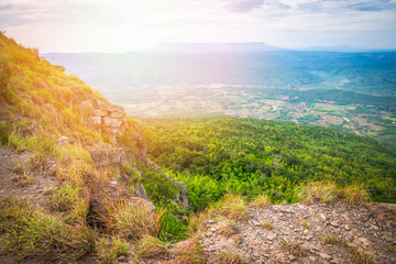 Landscape view on mountain cliff with rock and grass on nature high hill mountain