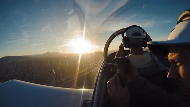 Golden Sunrise Small Airplane Flight Taking Arizona Tourist Photo in Cockpit