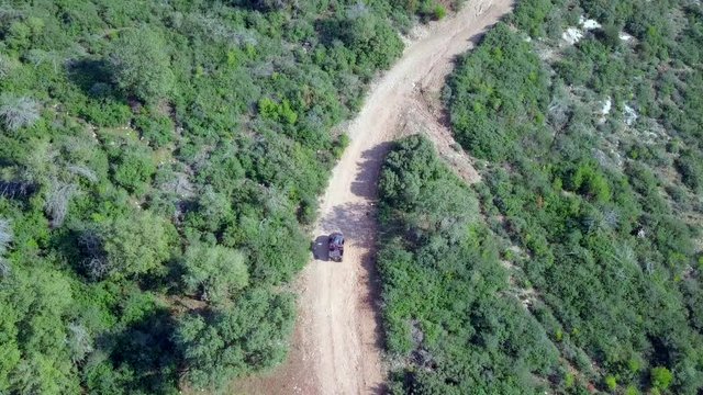 Buggy in a green forest - Top down aerial footage following the buggy along the trail.