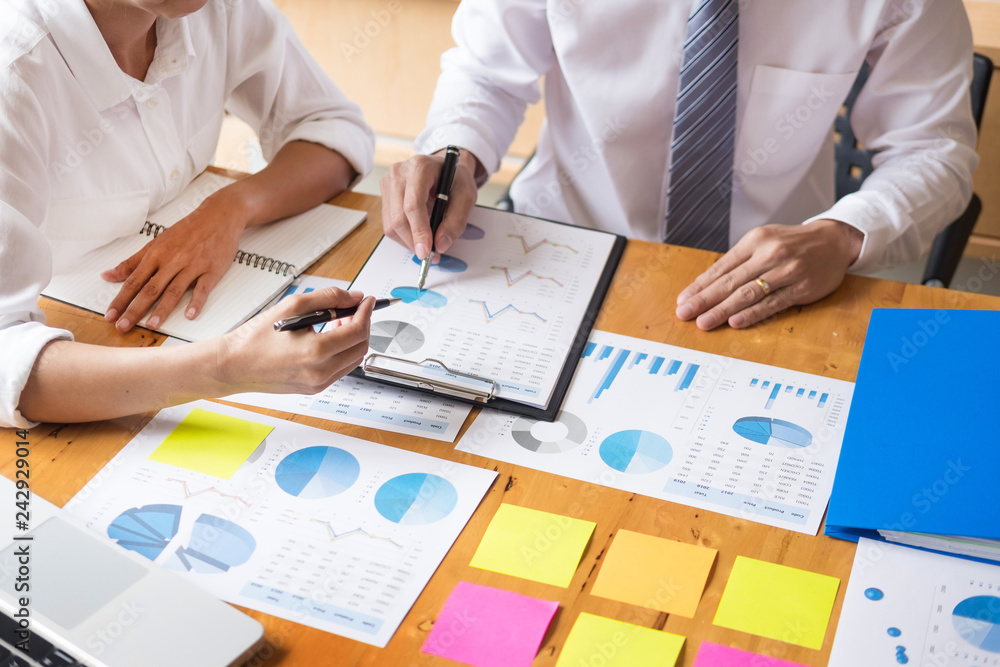 Poster business team data analyzing income charts document during discussion explain strategy meeting. on s