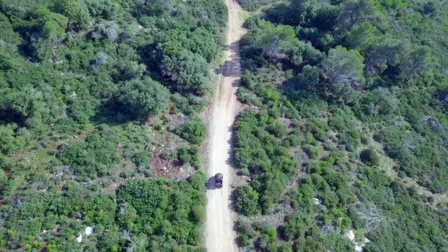Buggy in a green forest - Top down aerial footage following the buggy along the trail.