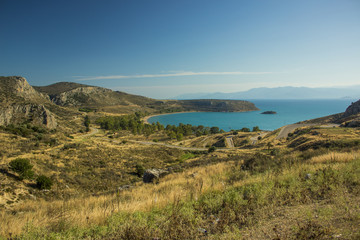 Fototapeta premium Mediterranean dry mountain and sea idyllic tropic landscape photography foreshortening from above