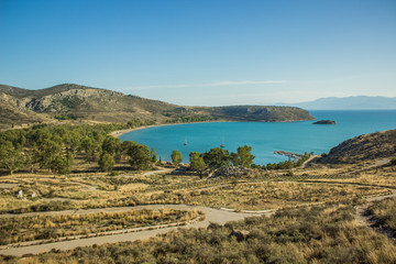 Mediterranean dry mountain and sea idyllic tropic landscape photography foreshortening from above