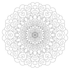 Heart circular mandala for adults. Coloring book page design. Anti stress black and white vintage decorative element. Monochrome oriental ethnic pattern. Hand drawn isolated vector illustration.