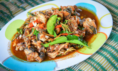 Frog Cook / Delicious frog meat chopped puff hot and spicy with herb spices on plate