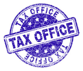 TAX OFFICE stamp seal imprint with distress texture. Designed with rounded rectangles and circles. Blue vector rubber print of TAX OFFICE text with dust texture.