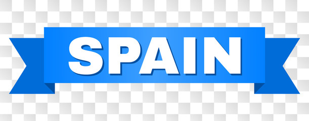 SPAIN text on a ribbon. Designed with white caption and blue tape. Vector banner with SPAIN tag on a transparent background.