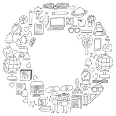 Vector set of secondary school icons in doodle style. Painted, black monochrome, pictures on a piece of paper on white background.