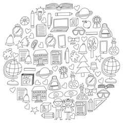 Vector set of secondary school icons in doodle style. Painted, black monochrome, pictures on a piece of paper on white background.
