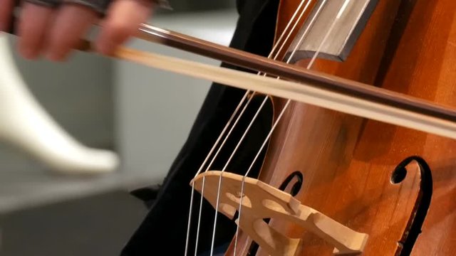 Street musician playing the cello close up view. Cellist in gloves gently bows strings