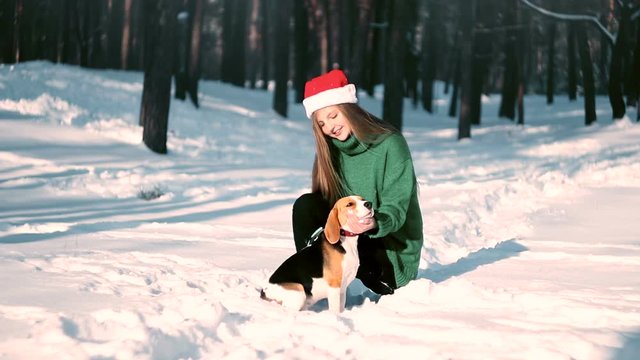 Beautiful girl in the snow with her dog. Joy and festive christmas mood, harmony with nature.