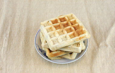 close up on waffle in the plate for breakfast