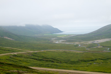 Mjoifjordur rural landscape, east Iceland. Icelandic panorama