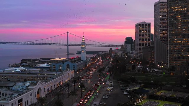 San Francisco Ferry Building Plaza During Beautiful Pink Sunset 