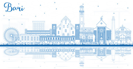 Outline Bari Italy City Skyline with Blue Buildings and Reflections.
