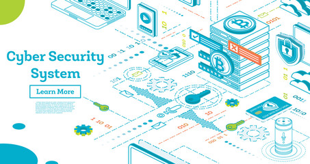 Fototapeta premium Outline Cyber Security Concept. Isometric Illustration Isolated on White.
