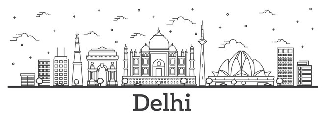 Outline Delhi India City Skyline with Historic Buildings Isolated on White.