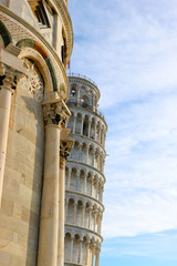 Leaning tower of Pisa look out from the cathedral, Tuscny, Italy