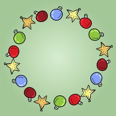 Christmas toys frame. Vector doodles wreath on green background