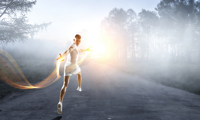 Athlete man running race. Mixed media