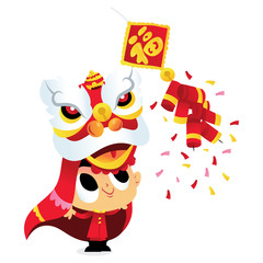 Super Cute Cartoon Happy Chinese New Year Lion Dance Boy