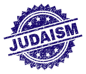 JUDAISM stamp seal watermark with distress style. Blue vector rubber print of JUDAISM title with dirty texture.