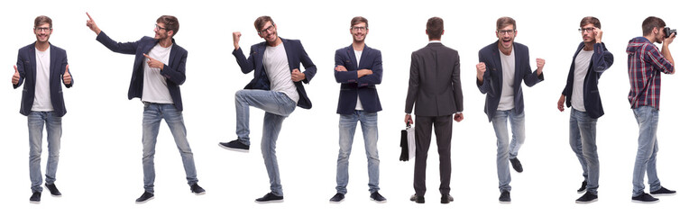 panoramic collage of self-motivated young man .isolated on white