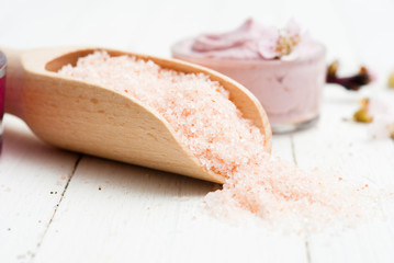 Beauty products and peach flowers