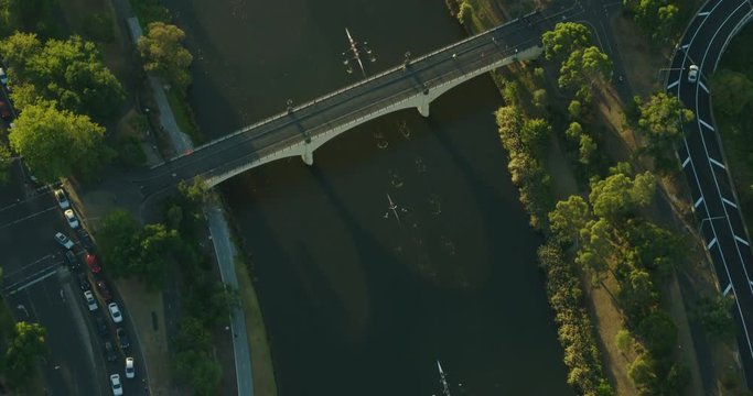 Aerial sunset view rowing boats Yarra River Melbourne