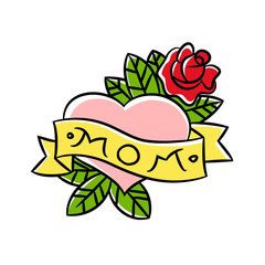 Heart tattoos with rose leaves ribbon and the word mom. Old school retro vector illustration