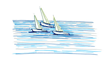 Hand-paint sketch by markers. Three sailboats regatta in calm water. Illustration isolated on white.