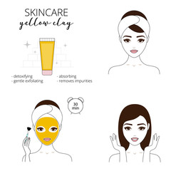 Beautiful woman takes care about her face. Illustrated steps how to apply a yellow clay mask for face.  Isolated lined illustrations set.