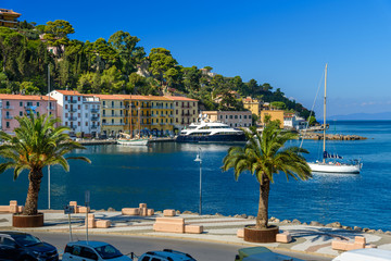 Seafront of seaport town Porto Santo Stefano in Monte Argentario. Tuscany. Italy