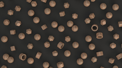 Pattern from wooden primitives on black surface