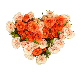 Orange and peach rose flowers in a heart shape bouquet