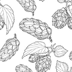 Hand drawn Hops Seamless pattern. Common hop or Humulus lupulus branch with leaves and cones. Vector Illustration.