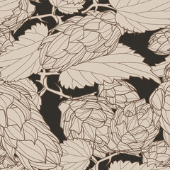 Hand drawn Hops Seamless pattern. Common hop or Humulus lupulus branch with leaves and cones. Vector Illustration.