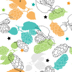 Hand drawn Hops Seamless pattern. Common hop or Humulus lupulus branch with leaves and cones. Vector Illustration.