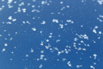Small beautiful snowflakes lie on a smooth surface