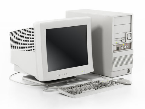 Generic vintage 90's style computer isolated on white. 3D illustration