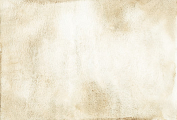 Watercolor light brown background texture. Old parchment. Abstract brown rough textured paper. Aquarelle vintage wallpaper. Watercolour trendy backdrop for cards, invitations, blog. Stains on paper.