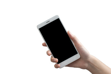 woman hand holding the white smartphone with black blank screen  - isolated on white background and clipping path- Image