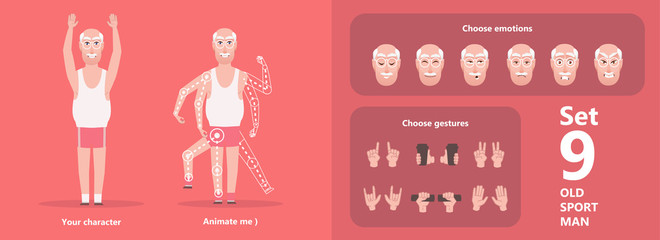 Grandpa in shorts and T-shirt. Isolated body parts character to create poses. A set of emotions and gestures. Isolated illustration - vector
