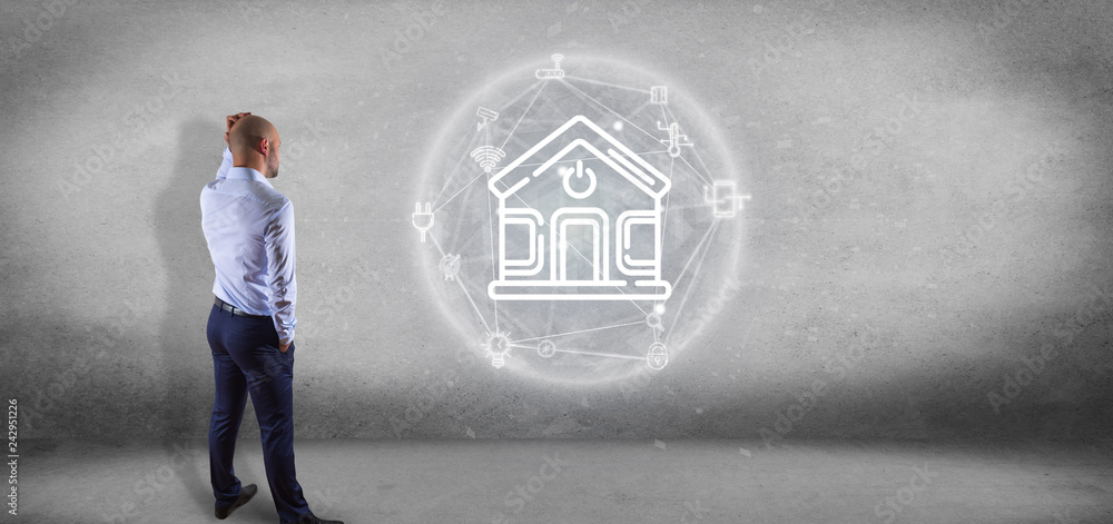 Poster businessman in front of a wall with smart home interface with icon, stats and data 3d rendering