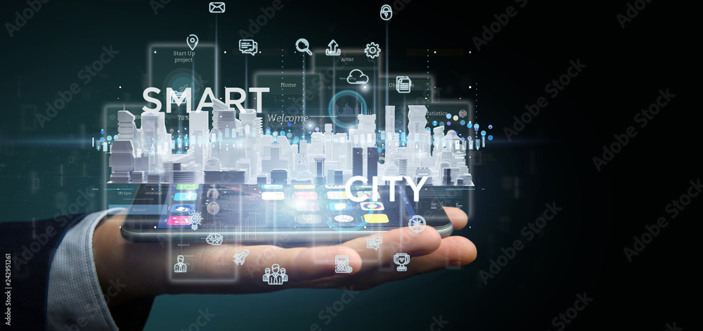 Aufkleber businessman holding smart city user interface with icon, stats and data 3d rendering