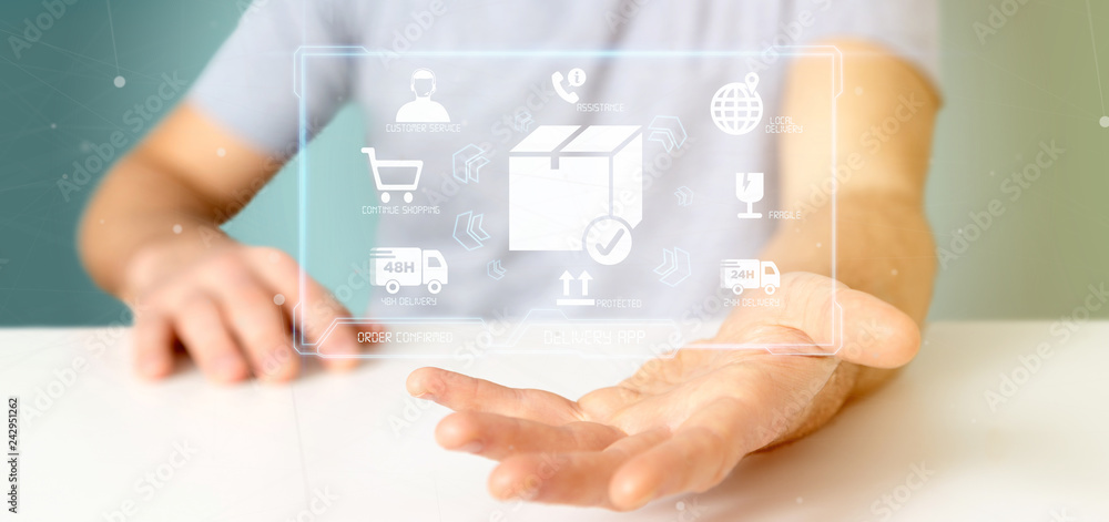 Poster businessman holding a logistic delivery application screen 3d rendering