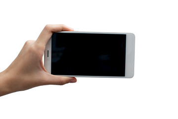 woman hand holding the white smartphone with black blank screen  - isolated on white background and clipping path- Image