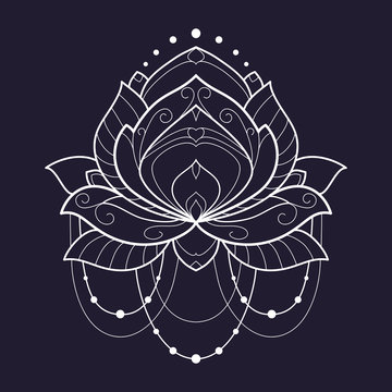 Lotus flower white geometrical vector illustration is isolated on a blue background. Symmetric decorative element with east motives for design