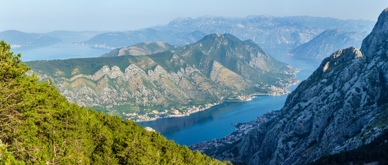 Bay of Kotor summer misty view from up (Montenegro)
