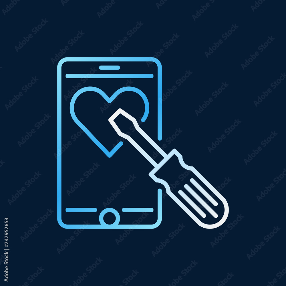 Poster smartphone with screwdriver vector colored icon or symbol in outline style on dark background